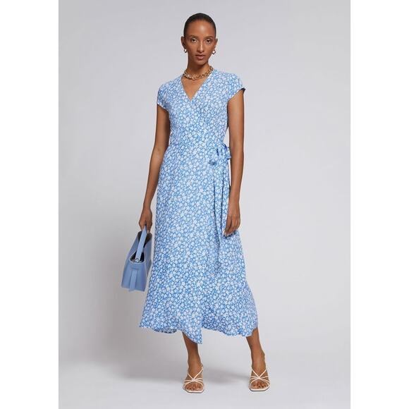 & Other Stories Floral Blue Wrap Midi Dress Short Sleeve V-Neck Summer Size 40 - Picture 1 of 12